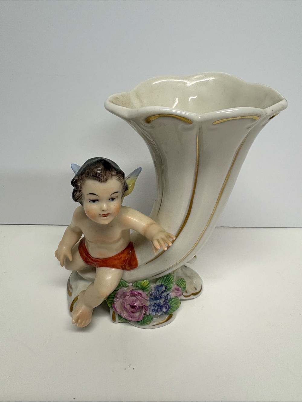 Vintage German Porcelain Cherub Cornucopia Vase Floral Accents